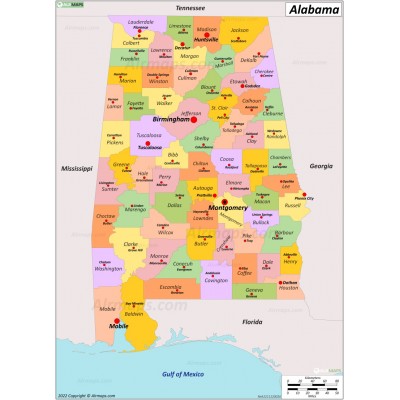Alabama Counties and County Seats Map