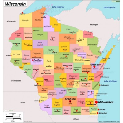 Wisconsin Counties and County Seats Map