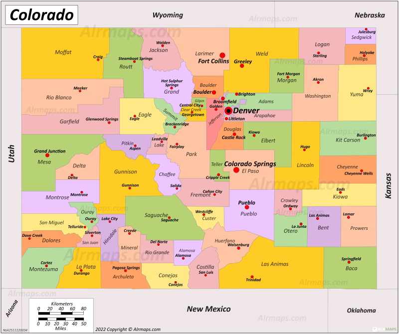 Colorado Counties and County Seats Map