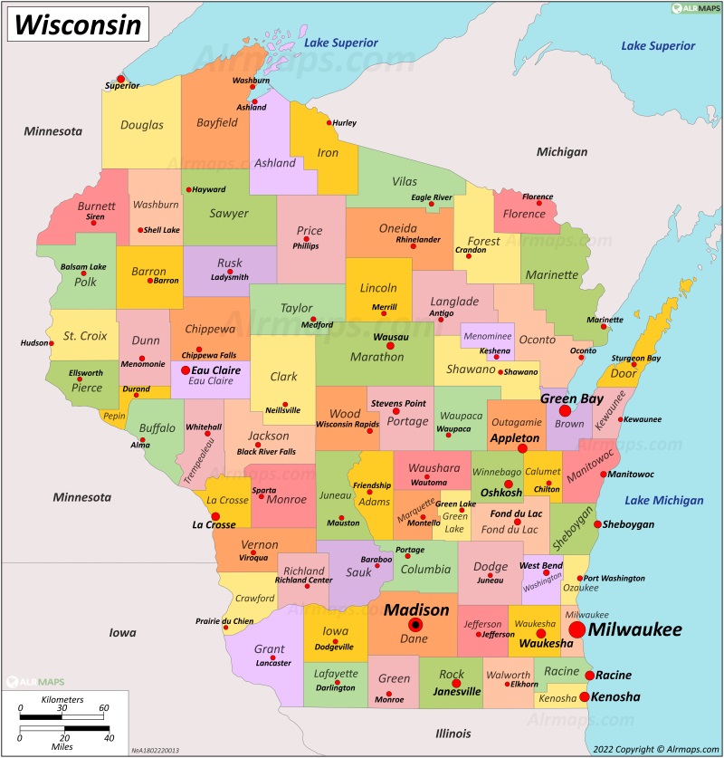 Wisconsin Counties and County Seats Map